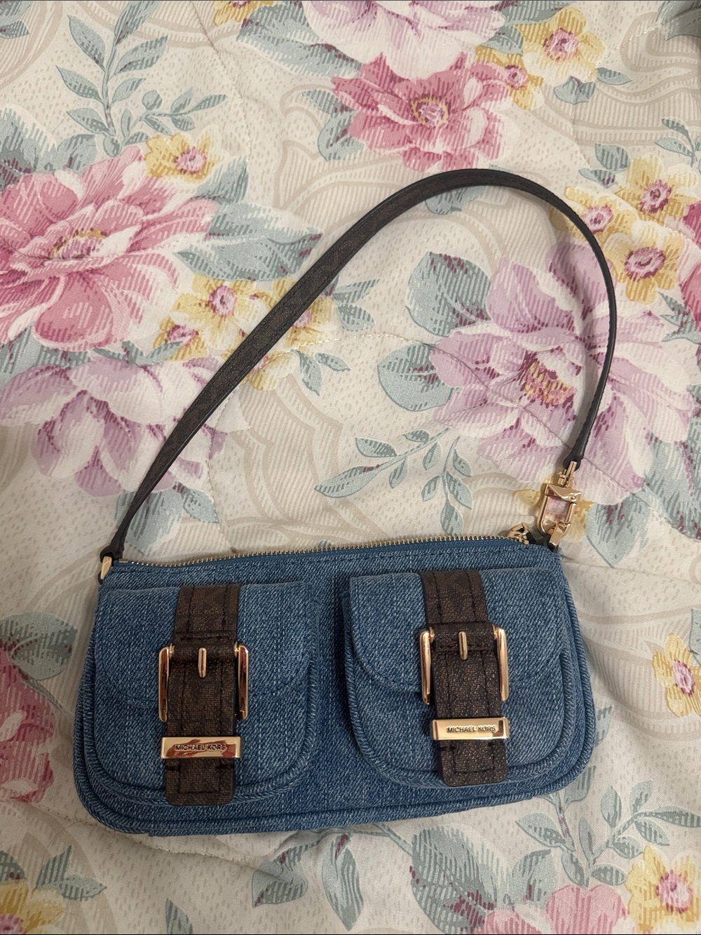 Michael Kors Blue Denim Mini Wristlet with Brown Strap Accents